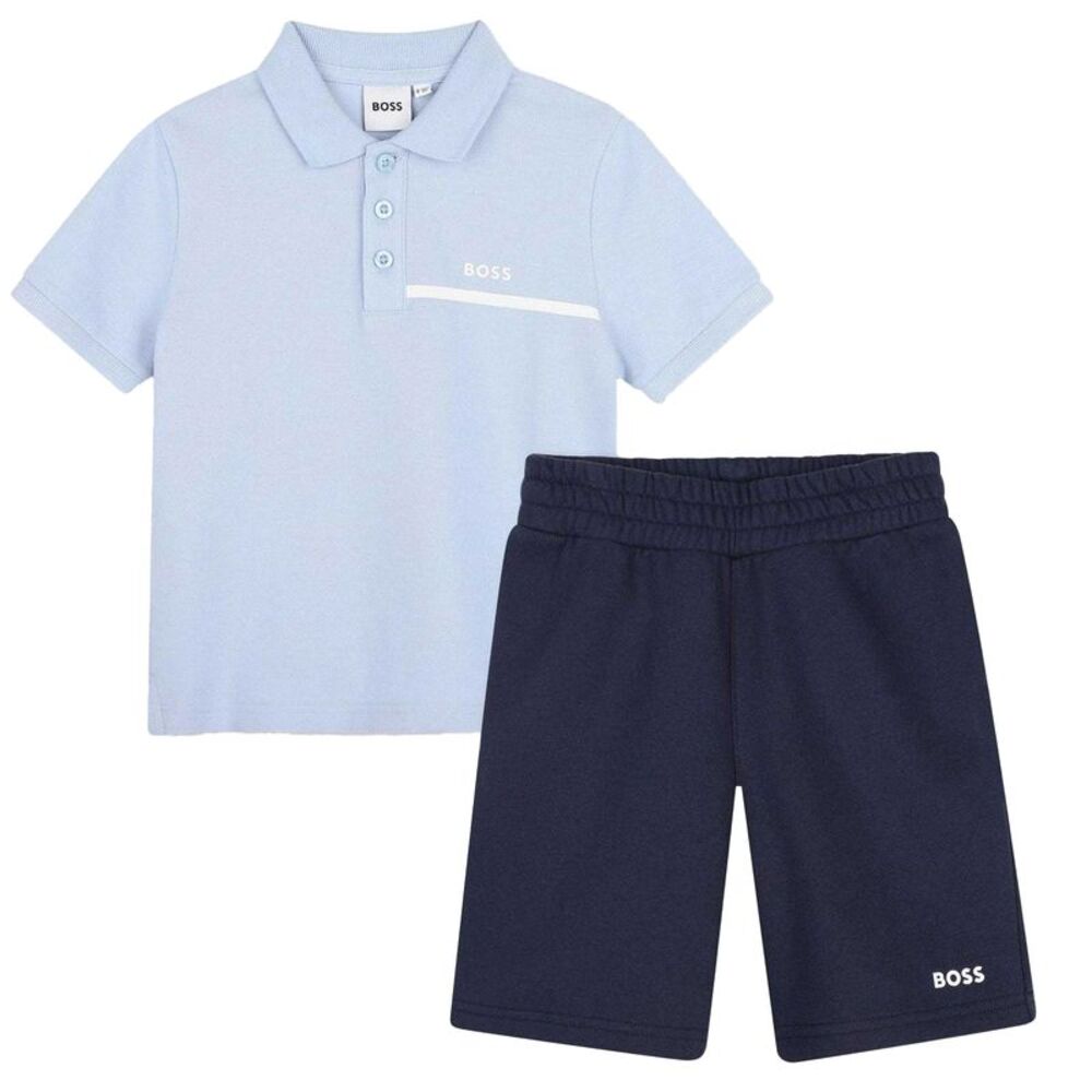 Boss Childrens/Kids Striped Logo Polo and Shorts Set / Light Blue/Navy
